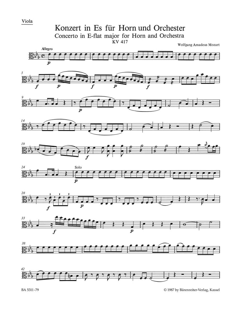 Concerto for Horn und Orchestra Nr. 2 E-flat major K. 417 [viola part]
