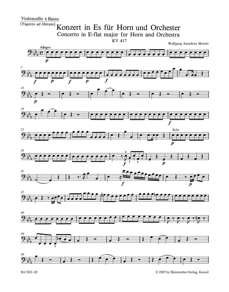 Concerto for Horn und Orchestra Nr. 2 E-flat major K. 417 [cello/double bass part]