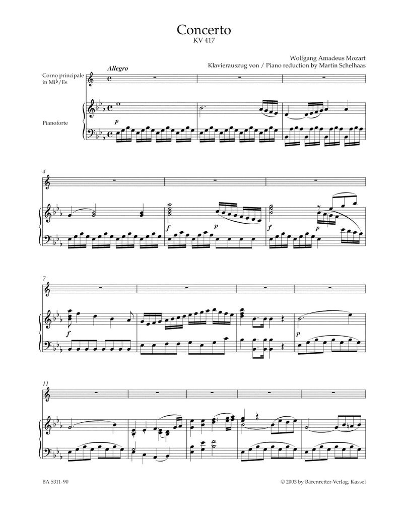 Concerto for Horn Nr. 2 E-flat major K. 417（ピアノ・リダクション）/ Mozart (Bärenreiter)
