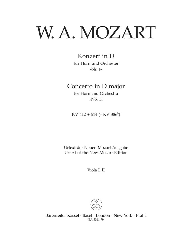 Concerto for Horn and Orchestra Nr. 1 D major K. 412 + 514 (386b) (Traditional version (Rondo by Franz Xaver Sü?mayr)) [viola1/2 part]