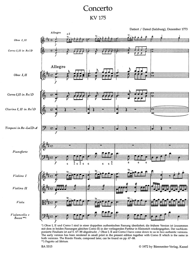 Concerto for Piano and Orchestra Nr. 5 D major K. 175, K. 382 Rondo [score]