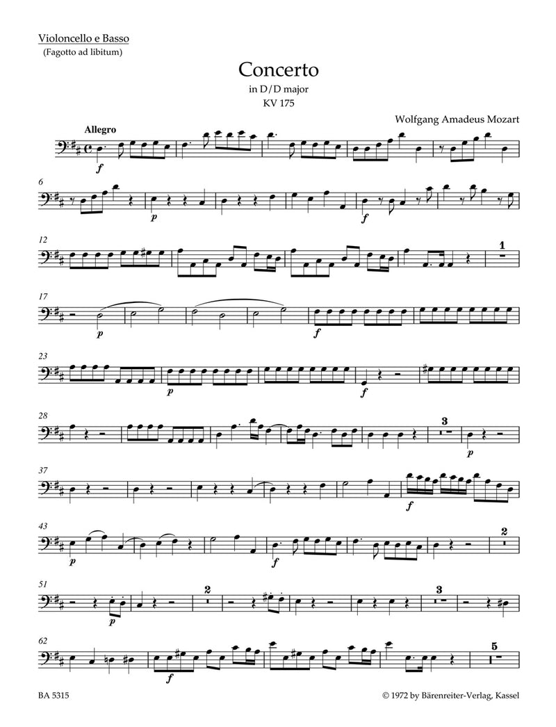 Concerto for Piano and Orchestra Nr. 5 D major K. 175, K. 382 Rondo [cello/double bass part]