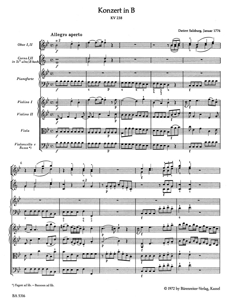 Concerto for Piano and Orchestra Nr. 6 B-flat major K. 238 [score]