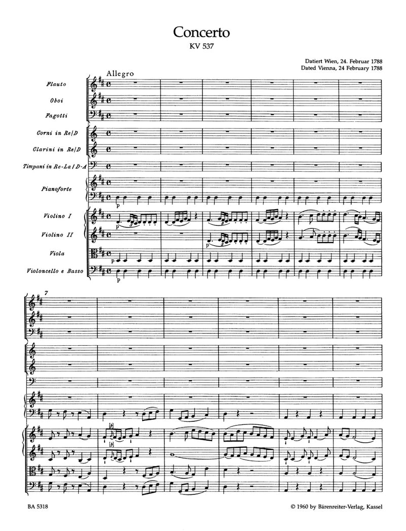 Concerto for Piano and Orchestra Nr. 26 D major K. 537 "Coronation Concerto" [score]