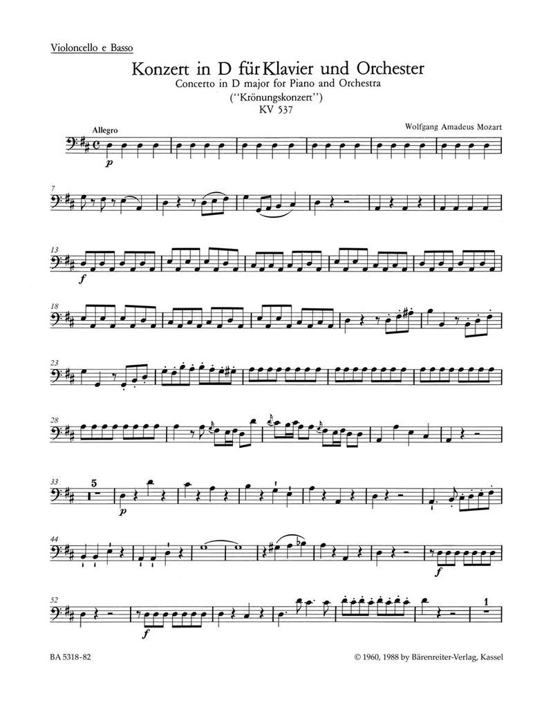 Concerto for Piano and Orchestra Nr. 26 D major K. 537 "Coronation Concerto" [cello/double bass part]