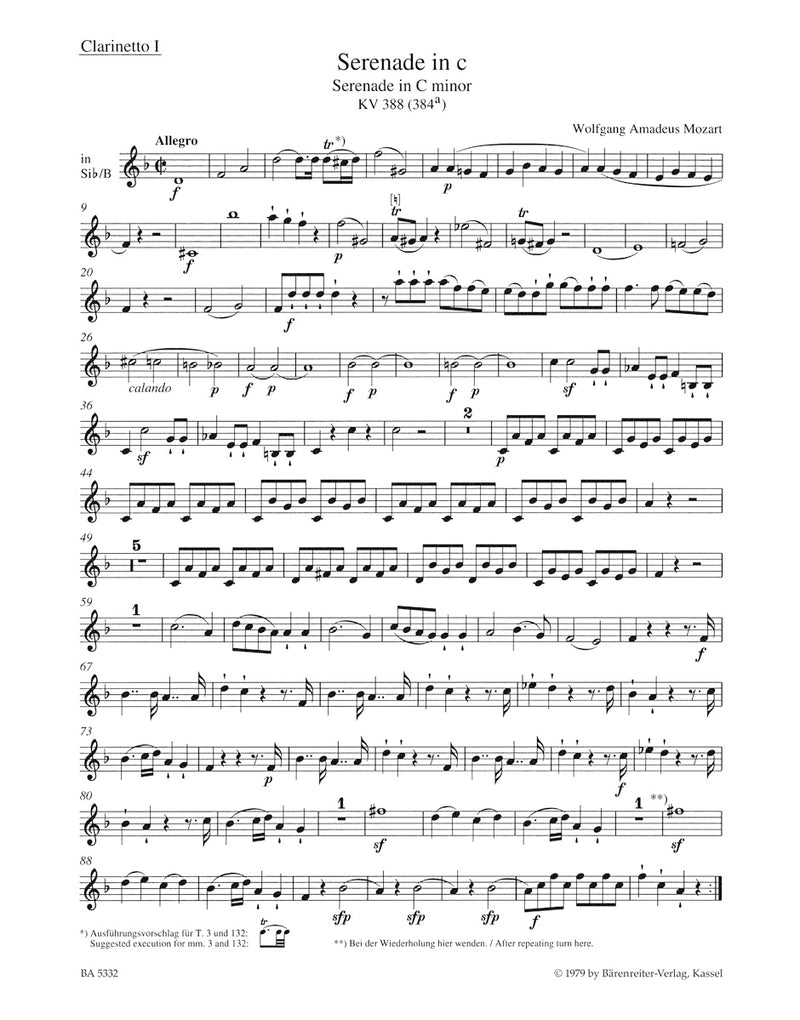 Serenade for two Oboes, two Clarinets, two Horns and two Bassoons C minor K. 388 (384a) [set of parts]