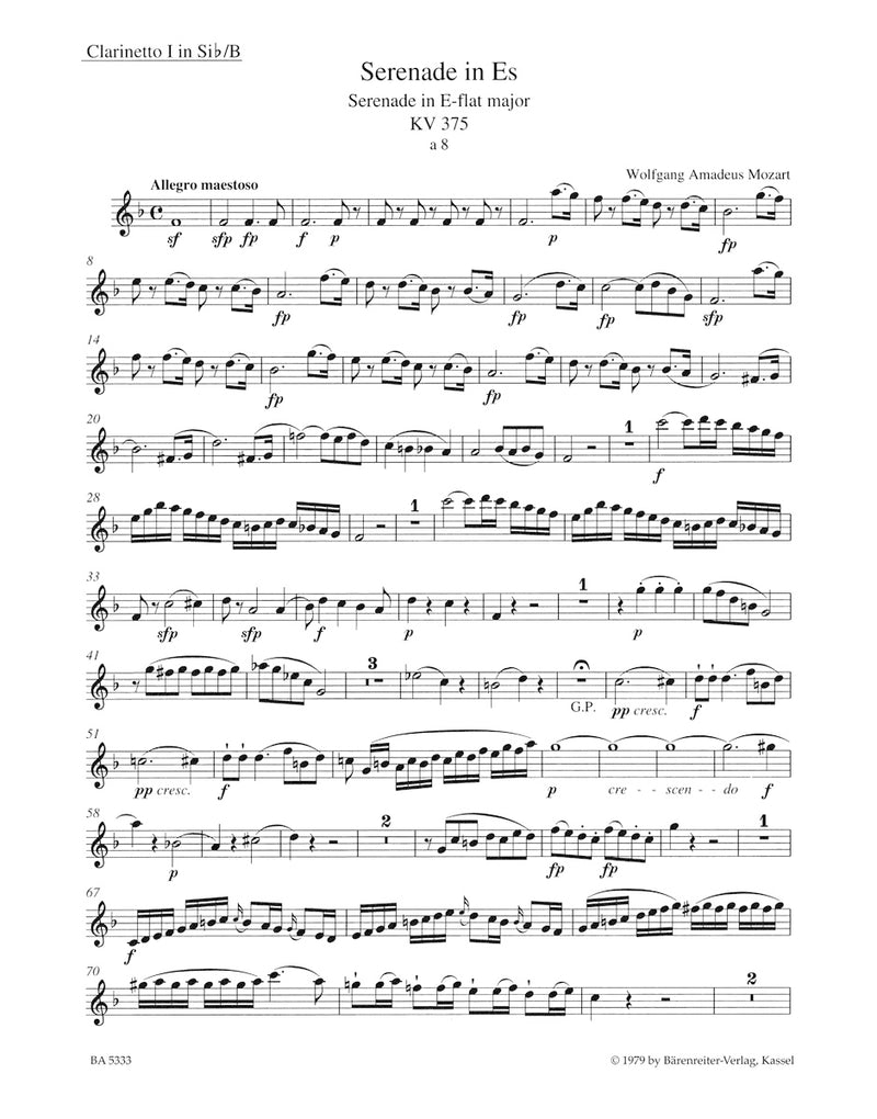 Serenade for 2 Oboes, 2 Clarinets, 2 Horns and 2 Bassoons E-flat major K. 375 [set of parts]