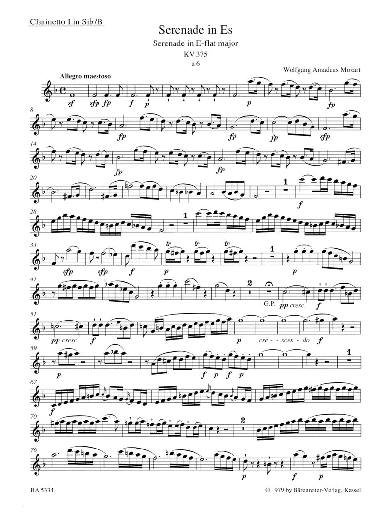 Serenade for Winds E-flat major K. 375 -Sextet version (1781)- [set of parts]