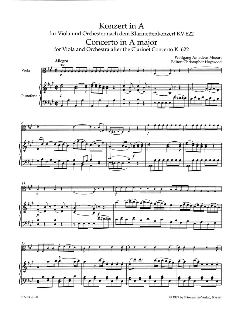 Concerto for Viola and Orchestra A major (after the Clarinet Concerto K. 622)（ピアノ・リダクション）