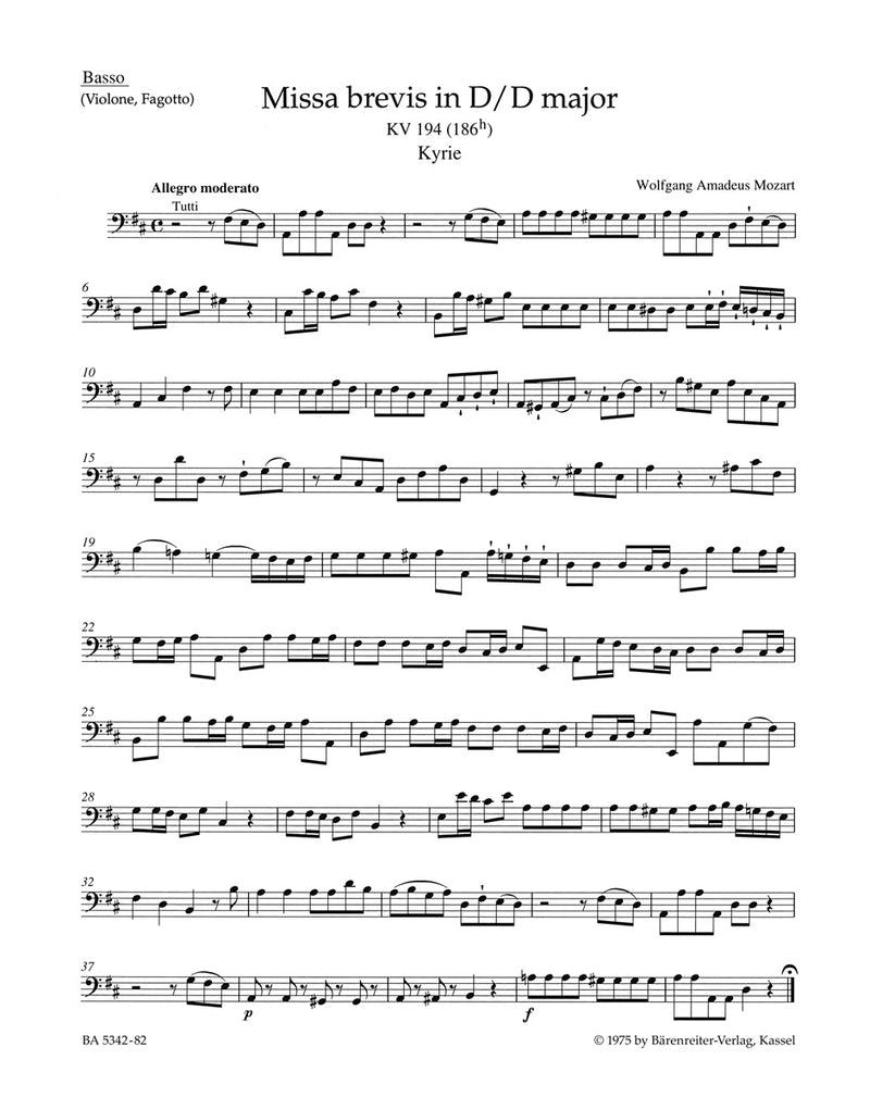 Missa brevis D major K. 194 (186h) [Basso(Vo/bassoon) part]