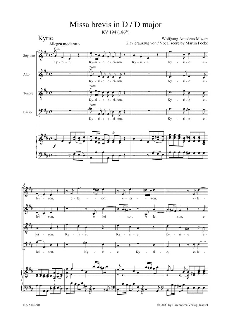 Missa brevis D major K. 194 (186h) （ヴォーカル・スコア）