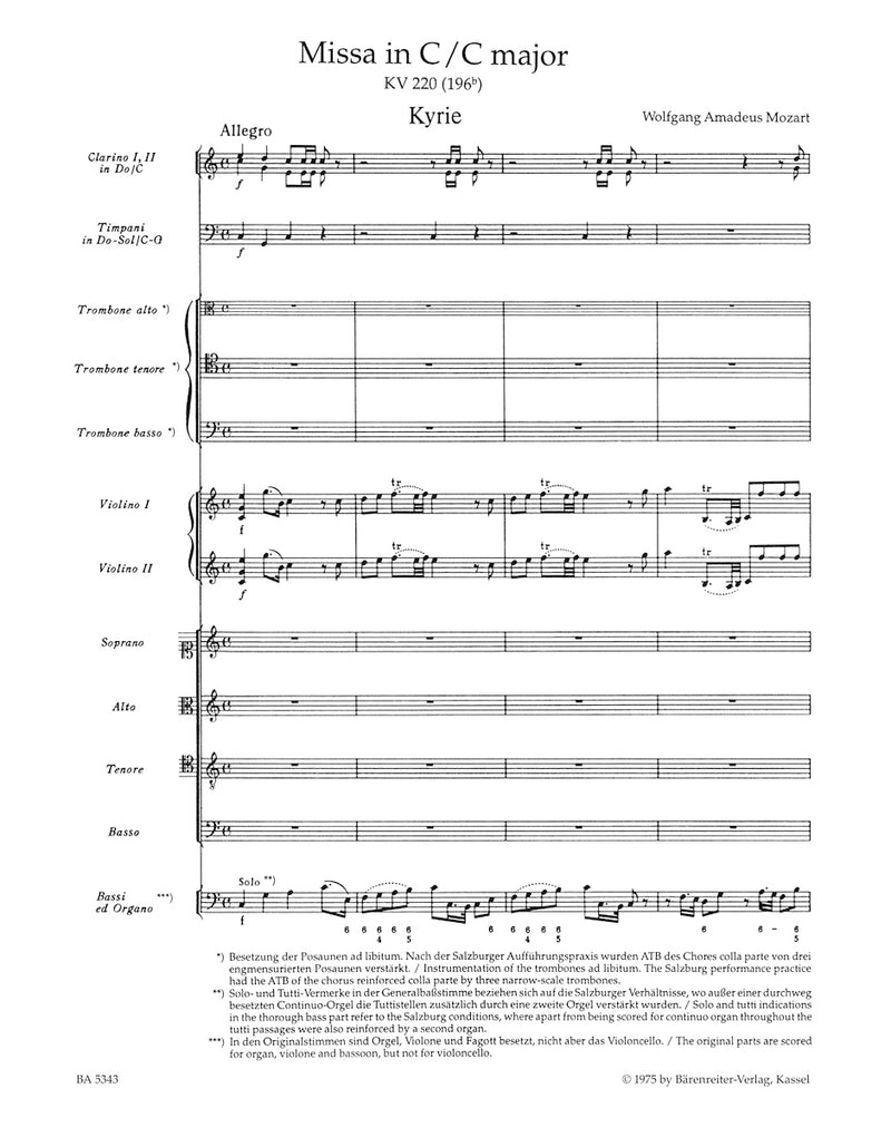 Missa C major K. 220 (196b) "Sparrow Mass" [score]