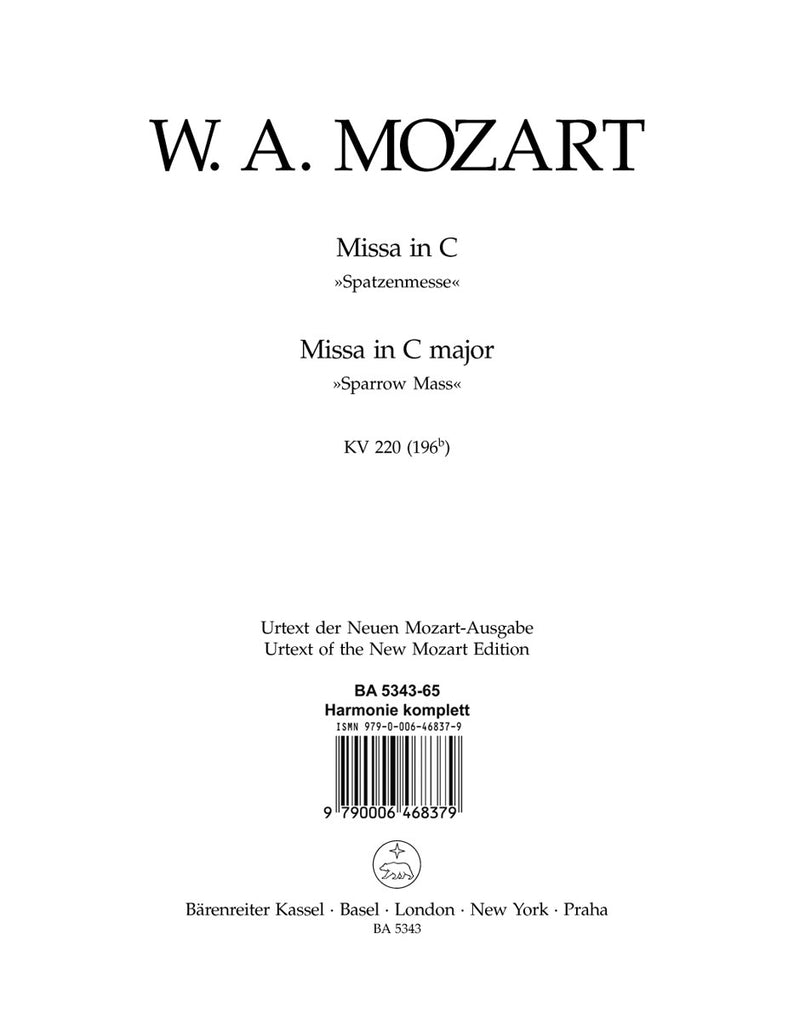 Missa C major K. 220 (196b) "Sparrow Mass" [set of wind parts]