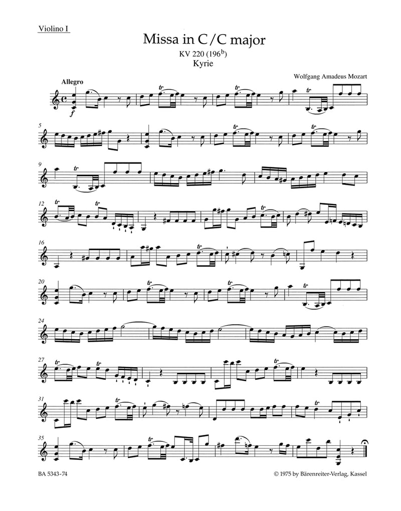 Missa C major K. 220 (196b) "Sparrow Mass" [violin 1 part]