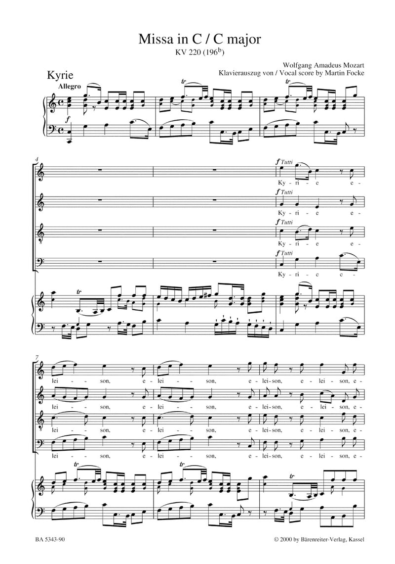Missa C major K. 220 (196b) "Sparrow Mass" （ヴォーカル・スコア）