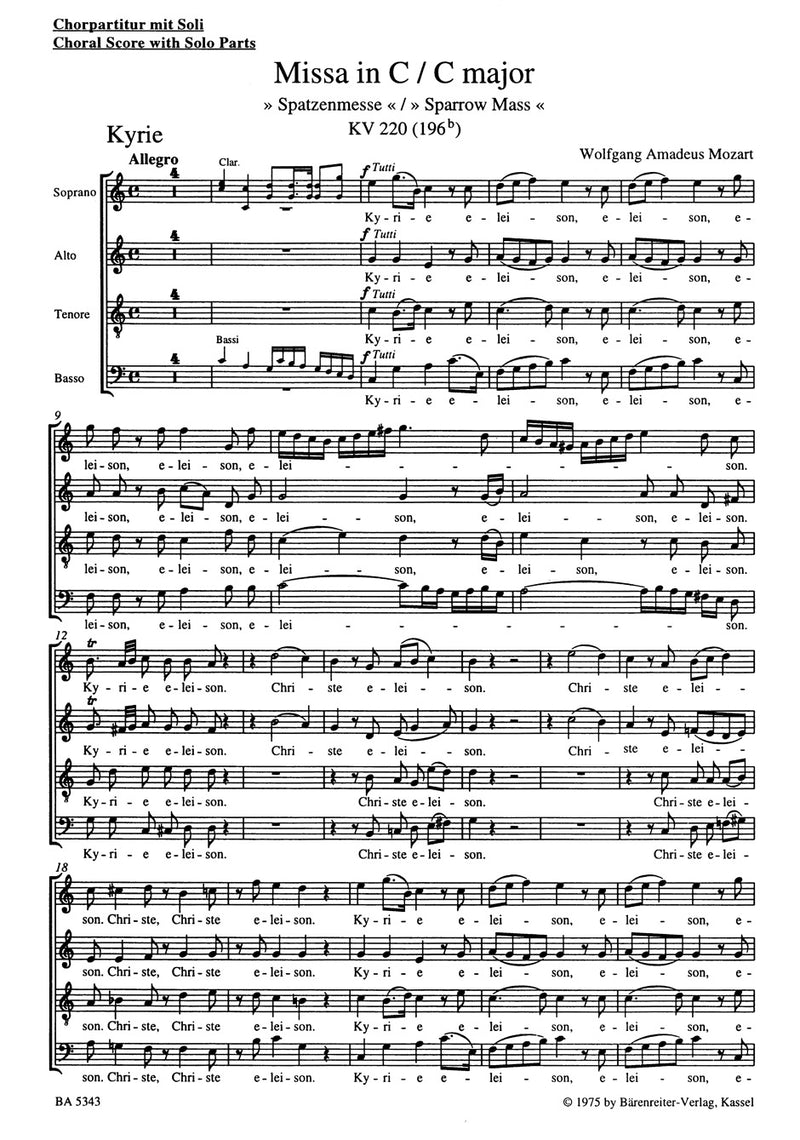Missa C major K. 220 (196b) "Sparrow Mass" [合唱楽譜]