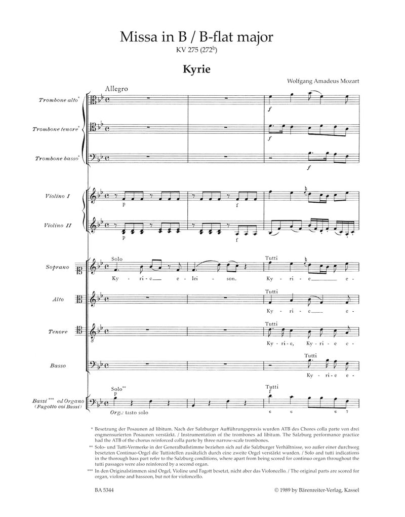 Missa brevis B-flat major K. 275 (272b) [score]