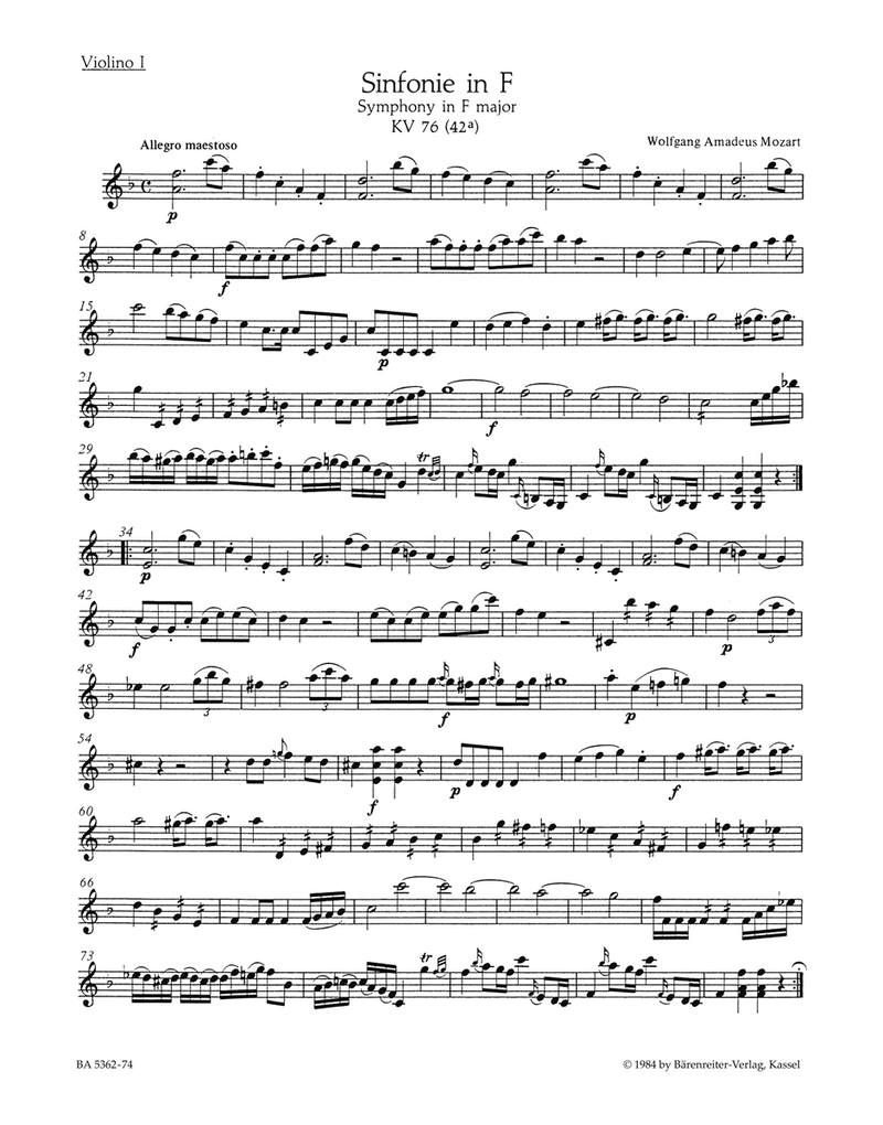Symphony F major K. 76(42a) [violin 1 part]