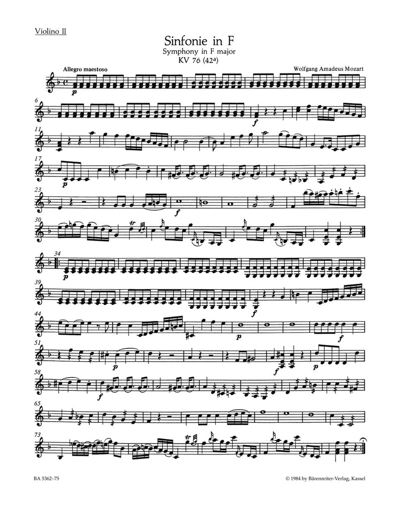 Symphony F major K. 76(42a) [violin 2 part]