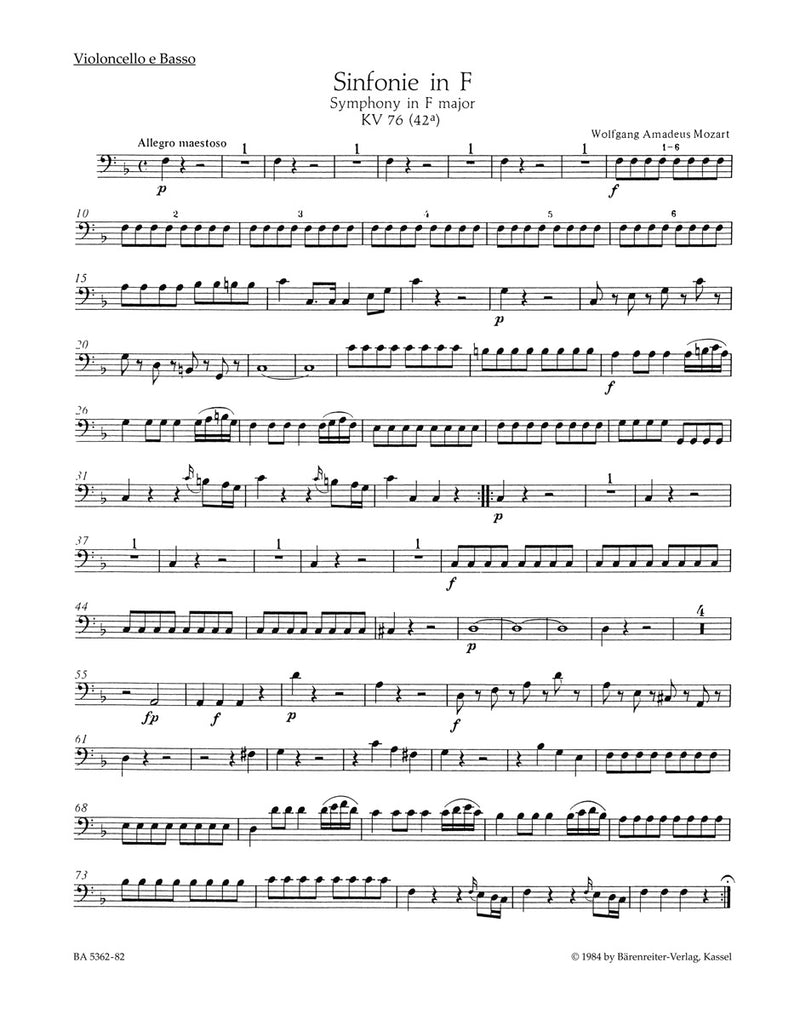 Symphony F major K. 76(42a) [cello/double bass part]