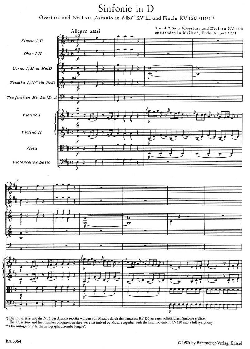 Symphony D major K. 111/120(111a) -"1st and 2nd movements (Overture and No.1 from ""Ascanio in Alba"" K. 111). Final movement K. 120"- [score]