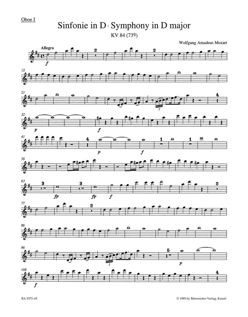 Symphony Nr. 11 D major K. 84 (73Q) [set of wind parts]