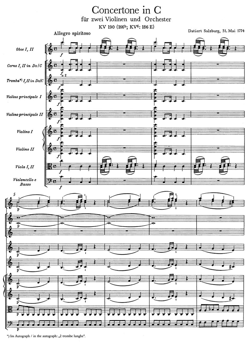 Concertone for two Violins and Orchestra C major K. 190 (166b, KV6:186 E) -three movements for two violins and Orchestra (K. 166b/ KV6: 186 E)- [score]
