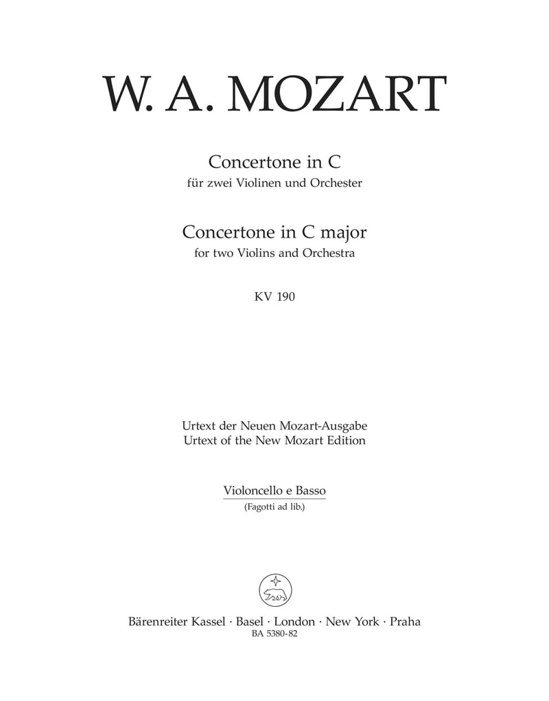 Concertone for two Violins and Orchestra C major K. 190 (166b, KV6:186 E) [cello/double bass part]