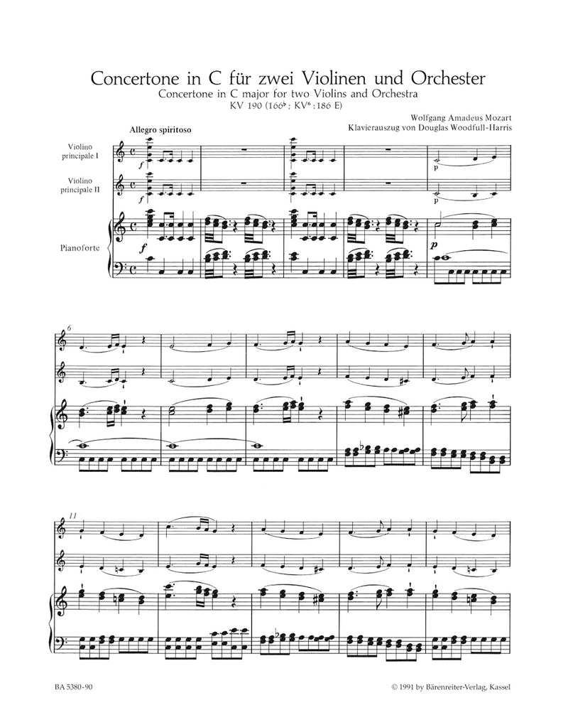 Concertone for two Violins and Orchestra C major K. 190 (166b, KV6:186 E)（ピアノ・リダクション）