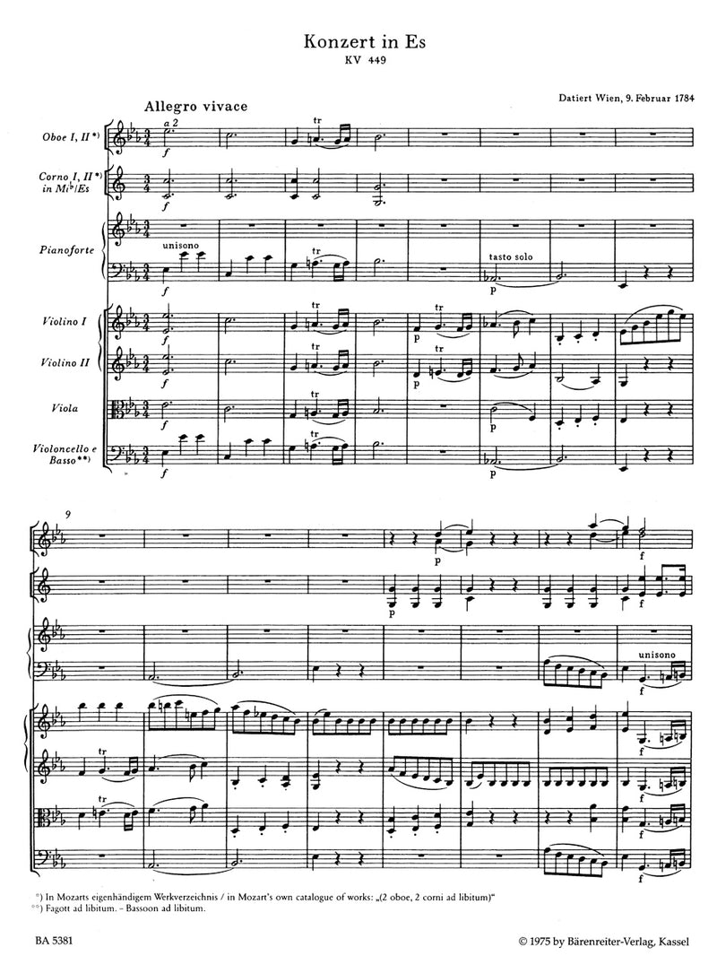 Concerto for Piano and Orchestra Nr. 14 E-flat major K. 449 [score]