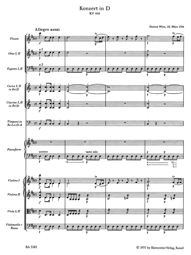 Concerto for Piano and Orchestra Nr. 16 D major K. 451 [score]