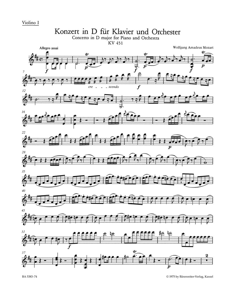 Concerto for Piano and Orchestra Nr. 16 D major K. 451 [violin 1 part]