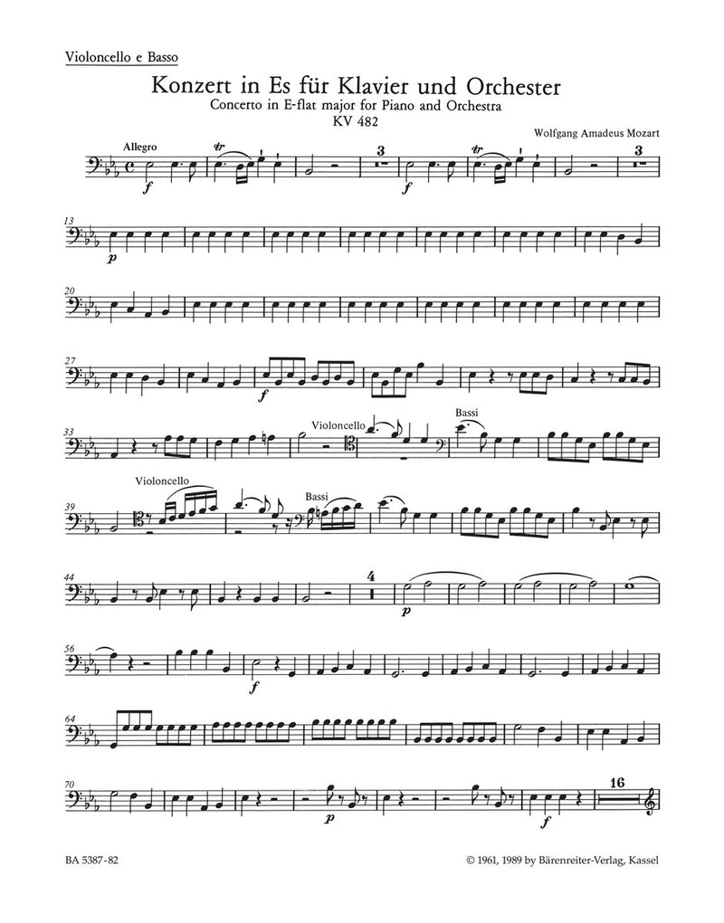 Concerto for Piano and Orchestra Nr. 22 E-flat major K. 482 [cello/double bass part]