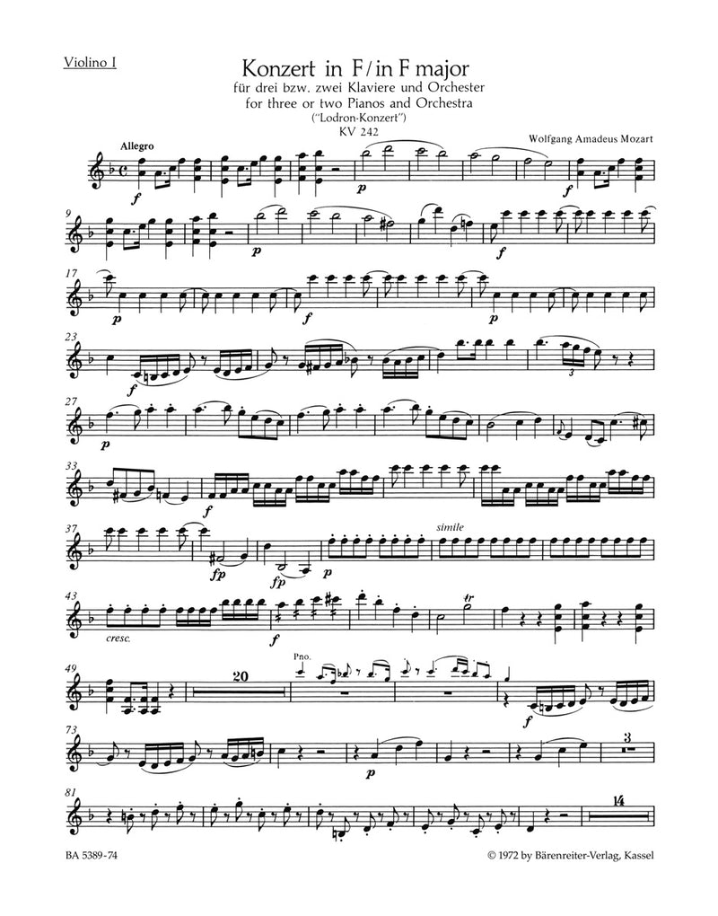Concerto for three or Two Pianos and Orchestra Nr. 7 F major K. 242 "Lodron Concerto" [violin 1 part]