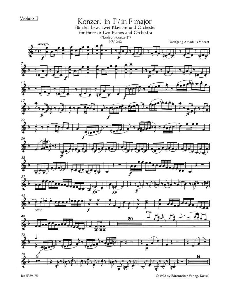 Concerto for three or Two Pianos and Orchestra Nr. 7 F major K. 242 "Lodron Concerto" [violin 2 part]