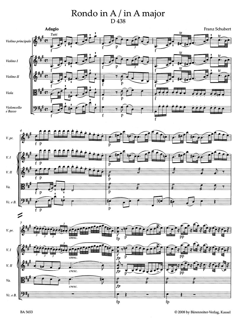 Rondo for Violin and Strings A major D 438 [score]