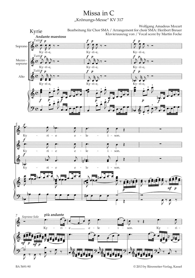 Missa C major K. 317 "Coronation Mass" (Arranged for female choir (SMA)) （ヴォーカル・スコア）