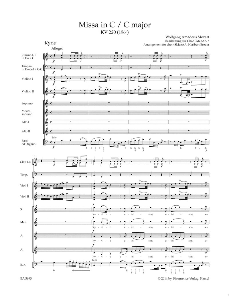 Missa C major K. 220 (196b) "Sparrow Mass" (Arranged for female choir SMezAA) [score]