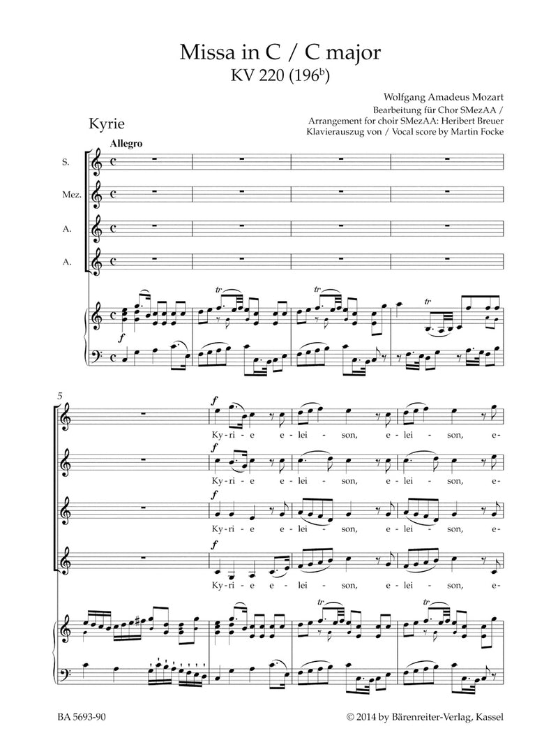 Missa C major K. 220 (196b) "Sparrow Mass" (Arranged for female choir SMezAA) （ヴォーカル・スコア）
