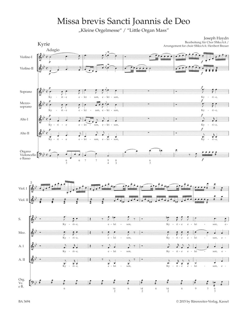 Missa brevis Sancti Joannis de Deo Hob.XXII:7 "Little Organ Mass" (Arranged for female choir SMezAA) [score]