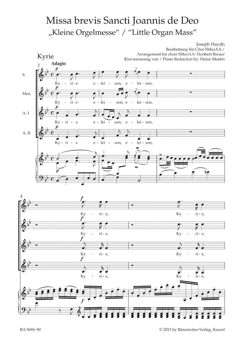 Missa brevis Sancti Joannis de Deo Hob.XXII:7 "Little Organ Mass" (Arranged for female choir SMezAA) （ヴォーカル・スコア）