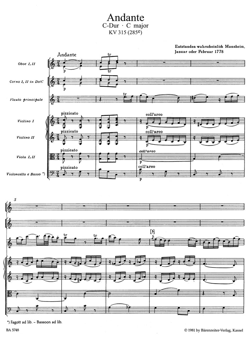 Andante for Flute and Orchestra C major K. 315 (285e) [score]