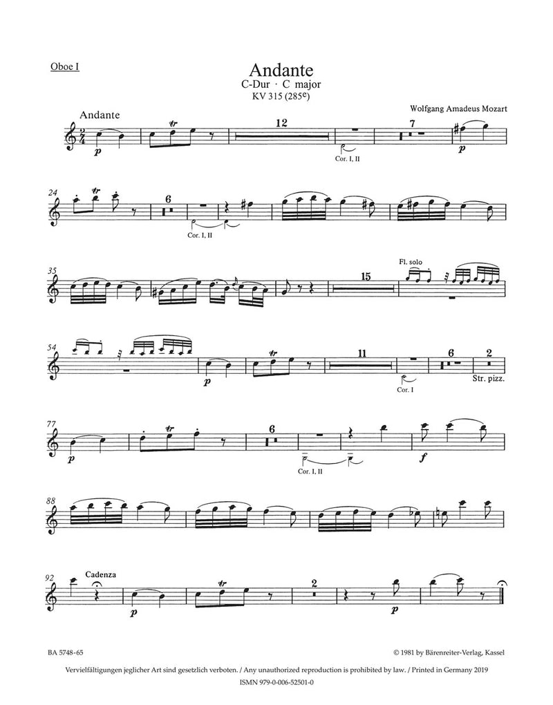 Andante for Flute and Orchestra C major K. 315 (285e) [set of winds]