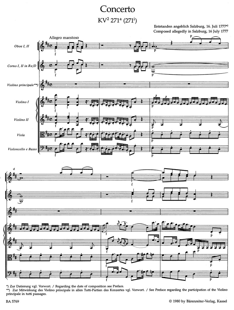 Concerto for Violin und Orchestra D-major K. 271a (271i) [score]
