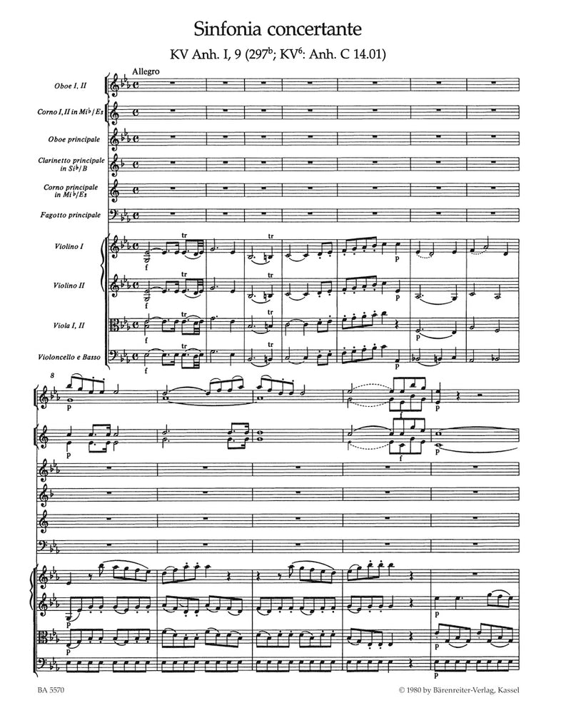 Sinfonia concertante for Oboe, Clarinet, Horn, Bassoon and Orchestra E-flat major K. Anh. I, 9 (297b) [score]