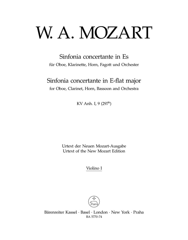 Sinfonia concertante for Oboe, Clarinet, Horn, Bassoon and Orchestra E-flat major K. Anh. I, 9 (297b) [violin 1 part]