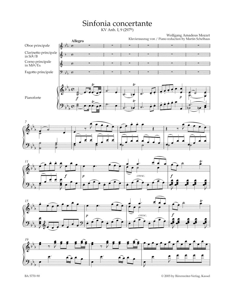 Sinfonia concertante for Oboe, Clarinet, Horn, Bassoon and Orchestra E-flat major K. Anh. I, 9 (297b) （ピアノ・リダクション）