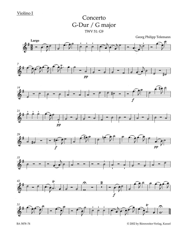 Konzert für Viola, Streicher und Basso continuo G-Dur TWV 51:G9 [violin 1 part]