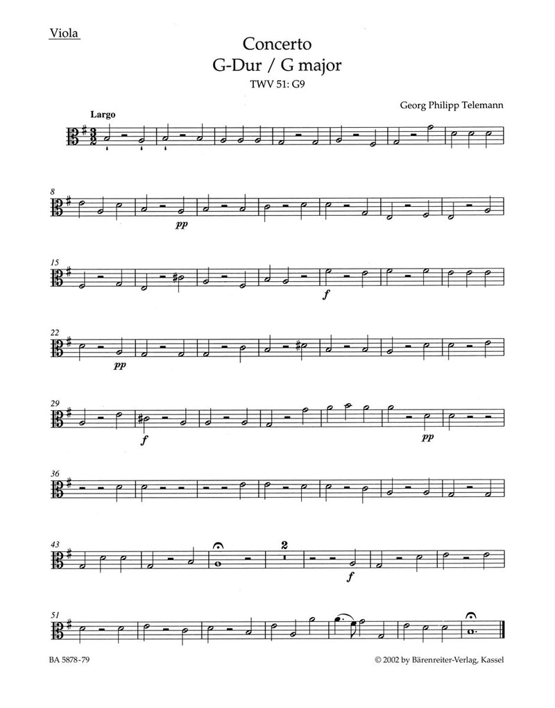 Konzert für Viola, Streicher und Basso continuo G-Dur TWV 51:G9 [viola part]