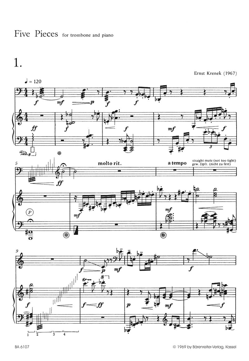Five Pieces for trombone and Piano op. 198 (1967)